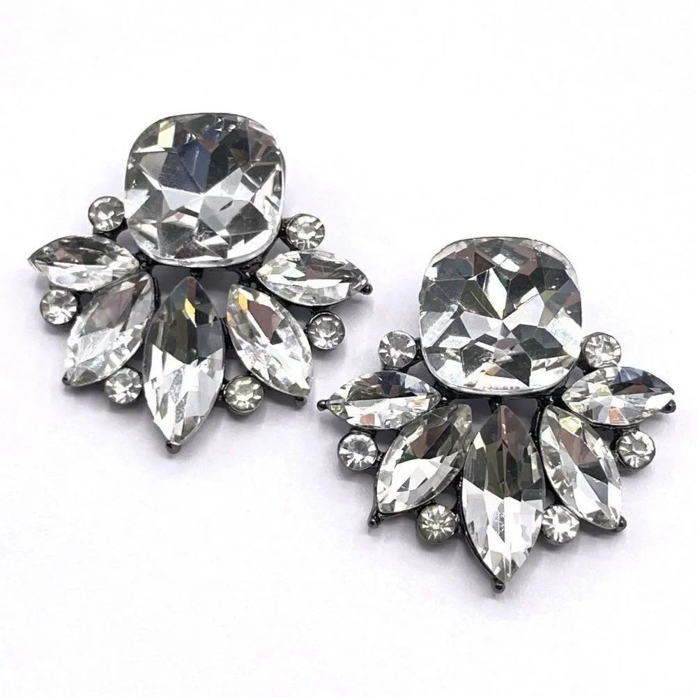 Carbon Black with White Crystal Art Deco Post Back Earrings